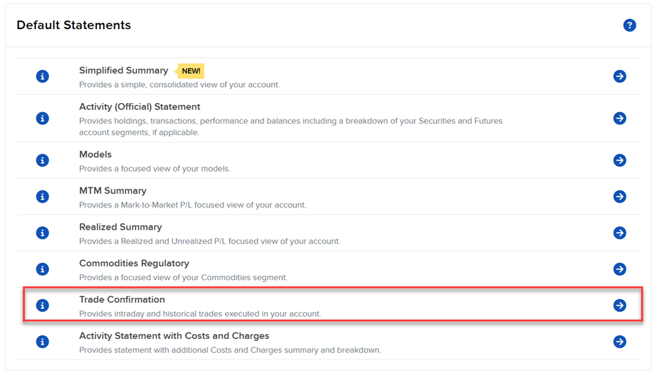 Image of the default statements panel in portal. 